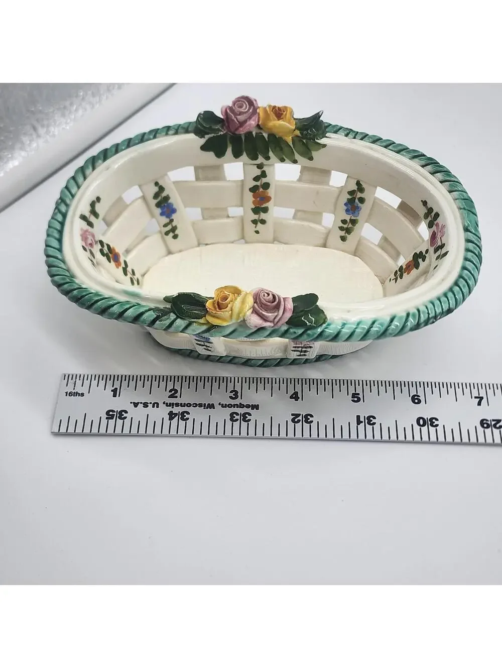 Vintage Italian Ceramic Basketweave Bowl Floral Roses Lattice Trinket Candy Dish